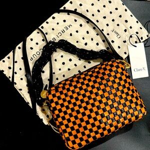 Clare V. Midi Sac Black & Natural Woven Checker w extra short Chain Strap